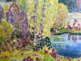 an oil painting of a lake surrounded by trees and bushes