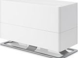 un purificateur d'air blanc posé sur un socle métallique