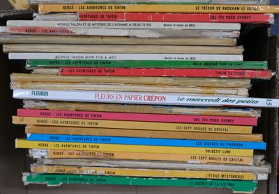 plusieurs livres empilés dans une boîte