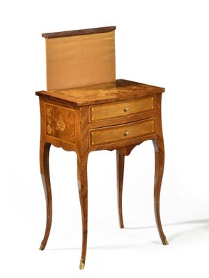 a small wooden table with a drawer on top of it