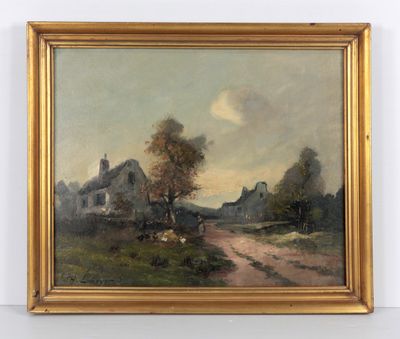 un tableau représentant une scène de vie à la campagne, avec une route menant à une maison
