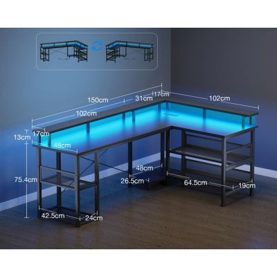 an image of a computer desk with a glass top and shelves