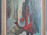tableau encadré représentant une peinture abstraite rouge et bleue sur fond bleu
