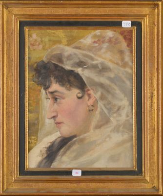 a painting of a woman wearing a veil and a white hat