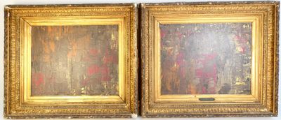 two paintings of a man and a woman are hanging on a wall
