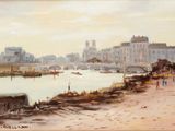 un tableau représentant des personnes marchant sur le trottoir au bord de l'eau