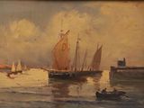 a painting of a sailboat on the water with other boats in the water