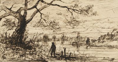 une image représentant un dessin d'un homme debout sous un arbre