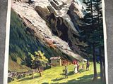 affiche représentant un paysage de montagne avec des personnes à vélo devant une montagne enneigée