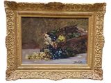 an oil painting of a basket of grapes and grapes on a table