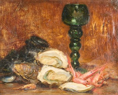 tableau représentant une nature morte avec des huîtres et un verre à vin