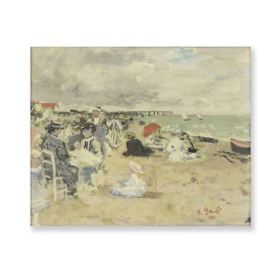 an image of a painting of people on the beach with umbrellas
