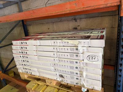 many boxes of pizza sitting on a pallet in a warehouse