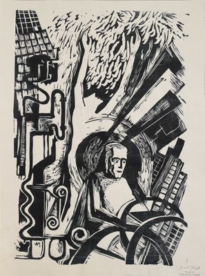 un dessin en noir et blanc représentant une femme assise sur une chaise sous un arbre