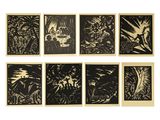 un ensemble de six gravures sur bois en noir et blanc représentant une scène forestière