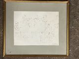 framed drawing of a drawing of a city with a clock