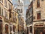 une peinture à l'huile représentant une scène de rue avec des personnes marchant dans la rue