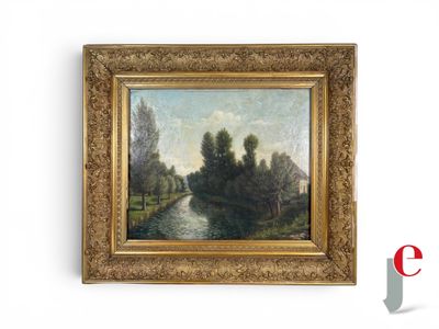 an image of a painting of a river with trees in the foreground