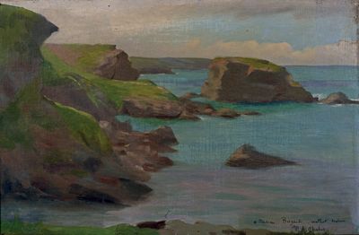 une peinture représentant une vue sur l'océan depuis une falaise