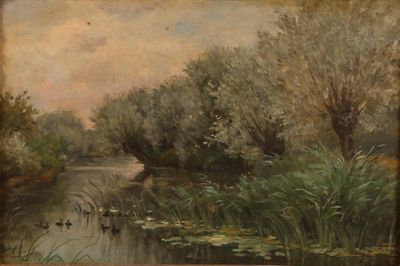 painting of a river with ducks in the water and trees in the background