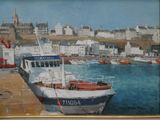 a painting of a boat docked in a harbor