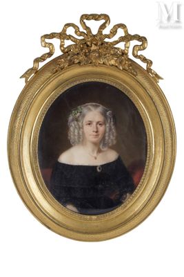 portrait of a woman in a black dress in a gold frame