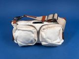 an image of a white bag with two pockets on a blue background