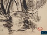 a black and white drawing of a man riding a bike