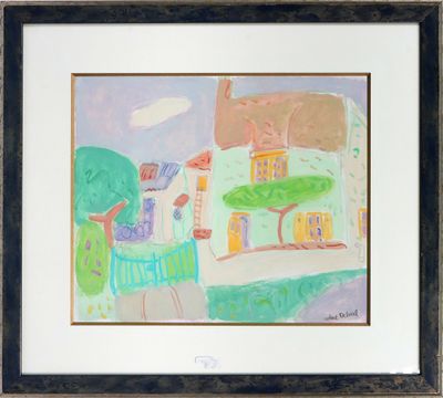 Robert DELVAL (1934-2024) La maison verte Huile sur carton.
