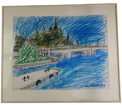 drawing of a bridge over a body of water with trees in the background