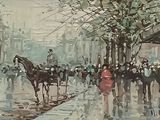a painting of a horse drawn carriage on a city street