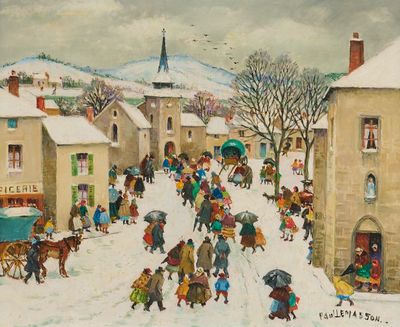 un tableau représentant des gens marchant dans la rue sous la neige