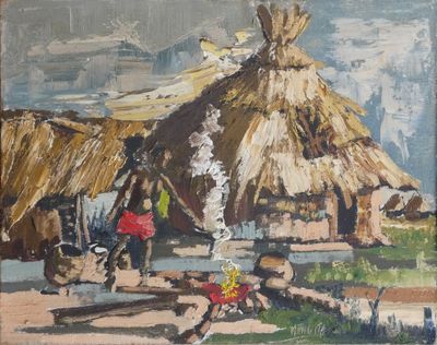 un tableau représentant un groupe de personnes devant une hutte au toit de chaume
