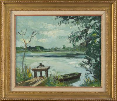une peinture à l'huile représentant un bateau sur l'eau près d'un quai