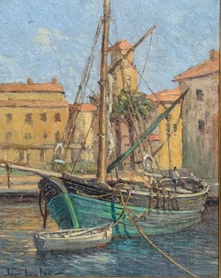 une peinture représentant un bateau dans un port avec des bâtiments à l'arrière-plan
