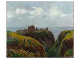 une peinture à l'huile représentant un château situé sur une falaise surplombant l'océan