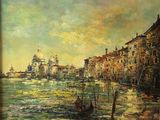 an oil painting of a view of a canal with a church in the background