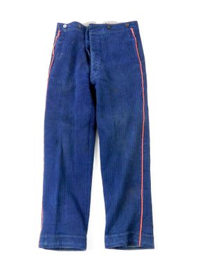 pantalon en velours côtelé bleu avec des pois roses sur les côtés