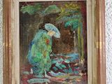 an oil painting of a woman in a green dress with a parasol