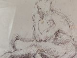 a drawing of a man sitting on the ground with his hand on his chin