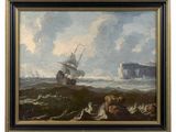 an oil painting of a ship in rough water with rocks in the background