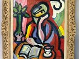 an image of a painting of a man sitting at a table with a cup of coffee
