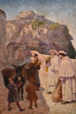 painting of a group of people walking down a street next to a building