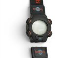 a close up of a watch on a white surface with a black strap