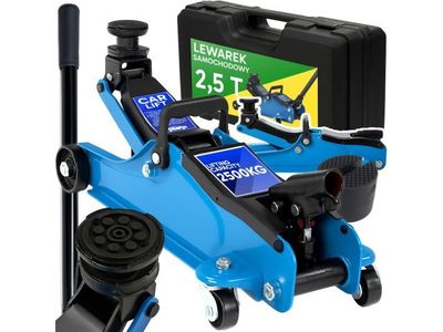the machine is blue and black with wheels and a tool box