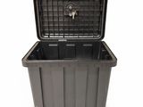 a black plastic storage box with a lock on the lid