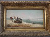 an oil painting of a group of men on a beach with a boat in the background