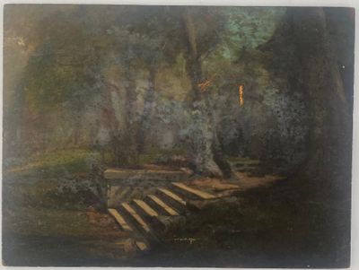 une photo d'un tableau représentant un parc avec un banc