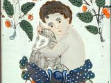 a painting of a baby holding a cat in a basket