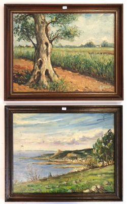 two paintings of a tree and a river in a frame
